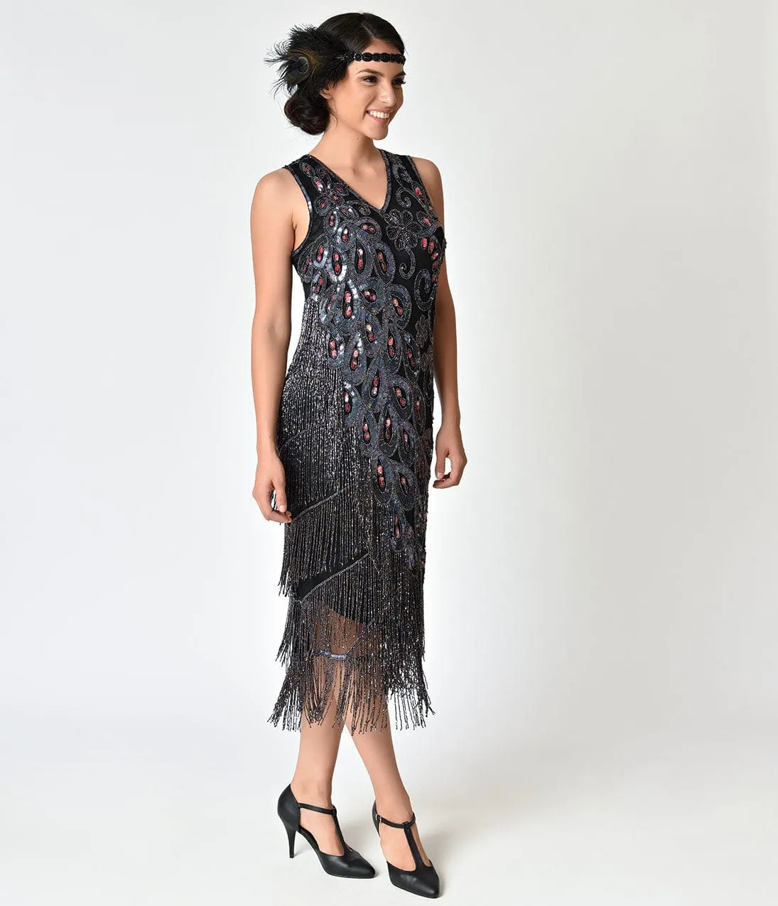 1920s Style Black With Purple & Red Beaded Silk Flapper dress sold by Unique Vintage product image thumbnail 4