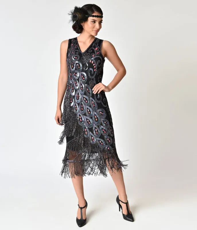 1920s Style Black With Purple & Red Beaded Silk Flapper dress sold by Unique Vintage