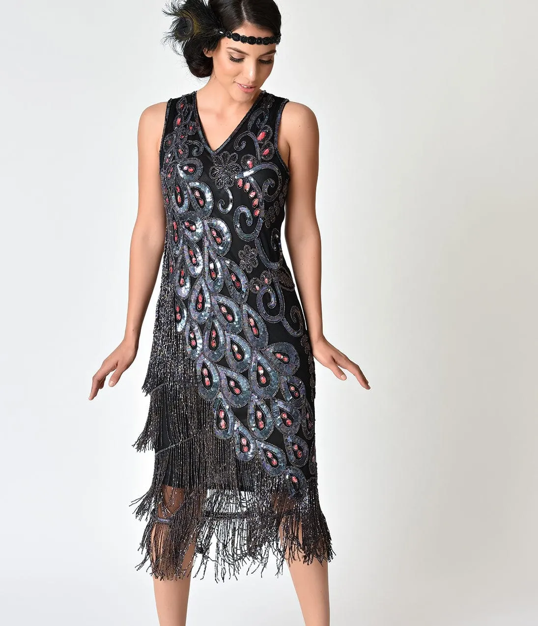 1920s Style Black With Purple & Red Beaded Silk Flapper dress sold by Unique Vintage product image thumbnail 5