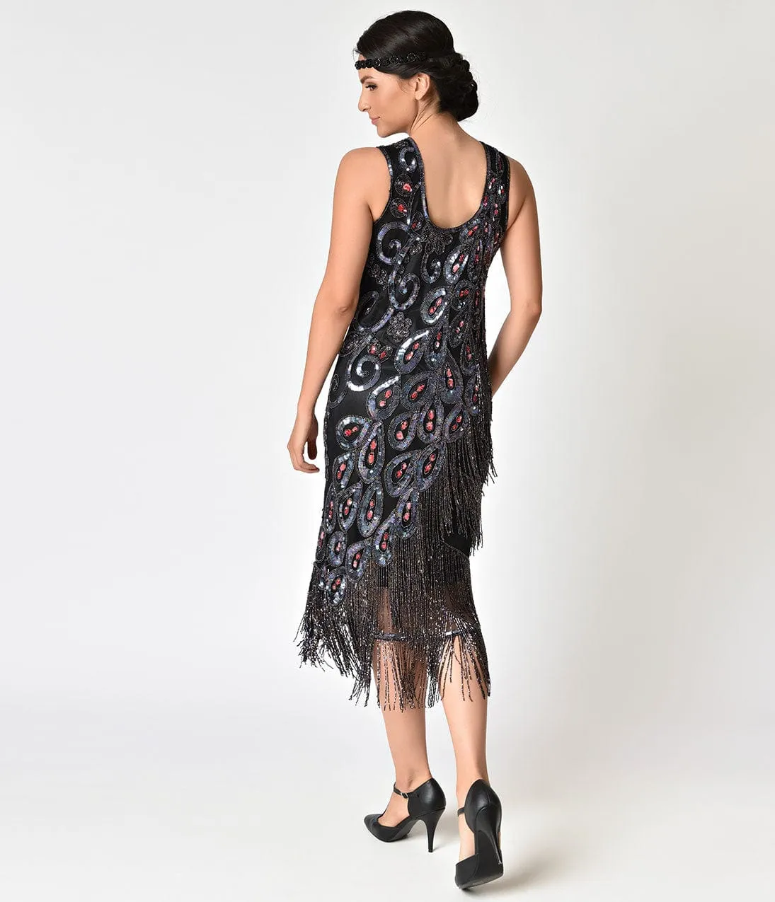 1920s Style Black With Purple & Red Beaded Silk Flapper dress sold by Unique Vintage product image thumbnail 2