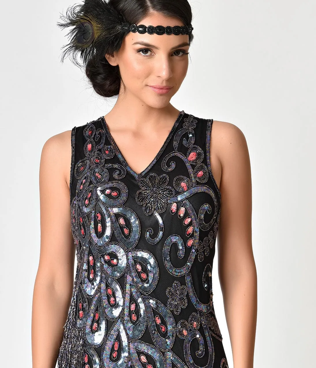 1920s Style Black With Purple & Red Beaded Silk Flapper dress sold by Unique Vintage product image thumbnail 3