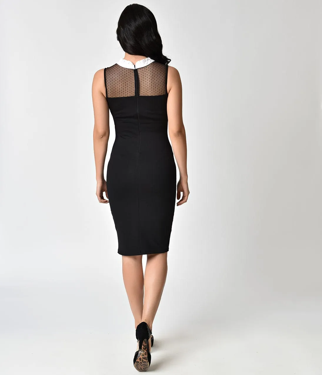 Pin-Up Style Black Swiss Dotted Sheer Neck Wiggle Dress sold by Unique Vintage product image thumbnail 2