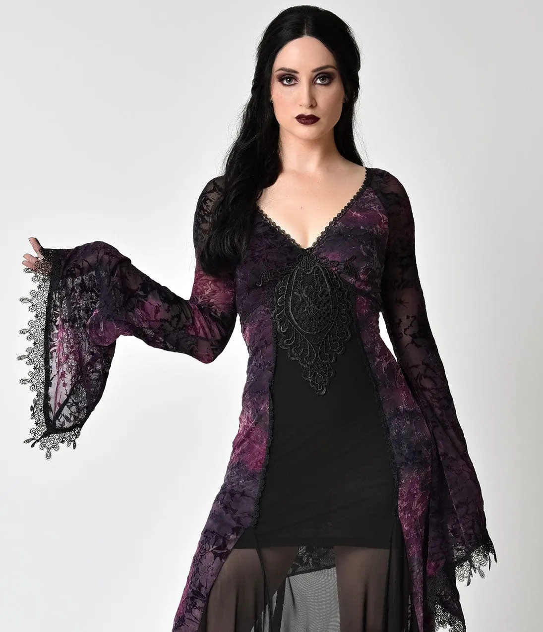 Vintage Style Black Lace & Purple Velvet Long Sleeve Gown sold by Unique Vintage product image thumbnail 4