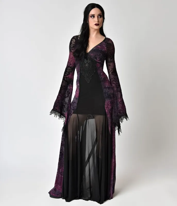 Vintage Style Black Lace & Purple Velvet Long Sleeve Gown sold by Unique Vintage