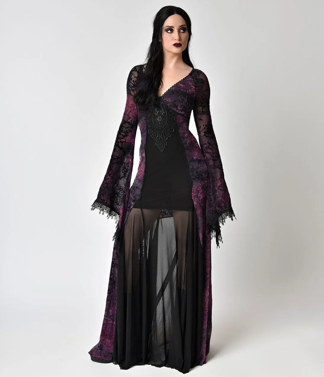 Vintage Style Black Lace & Purple Velvet Long Sleeve Gown sold by Unique Vintage