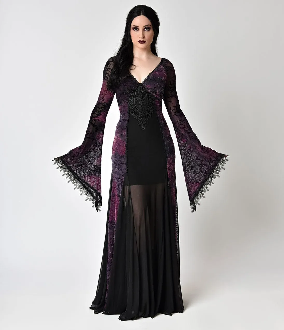 Vintage Style Black Lace & Purple Velvet Long Sleeve Gown sold by Unique Vintage product image thumbnail 5