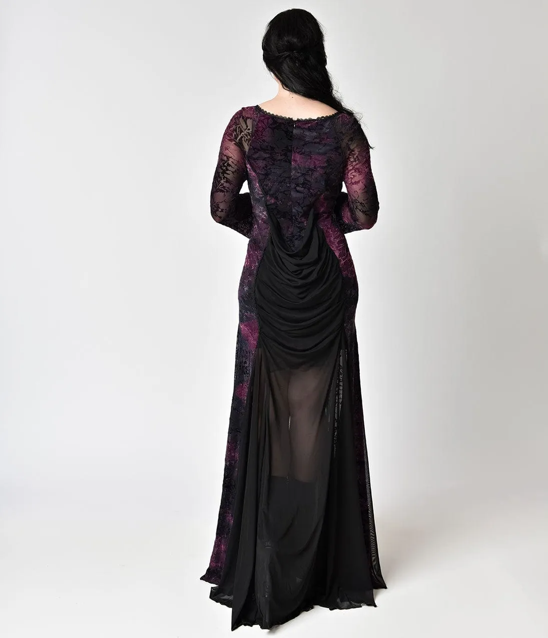 Vintage Style Black Lace & Purple Velvet Long Sleeve Gown sold by Unique Vintage product image thumbnail 2
