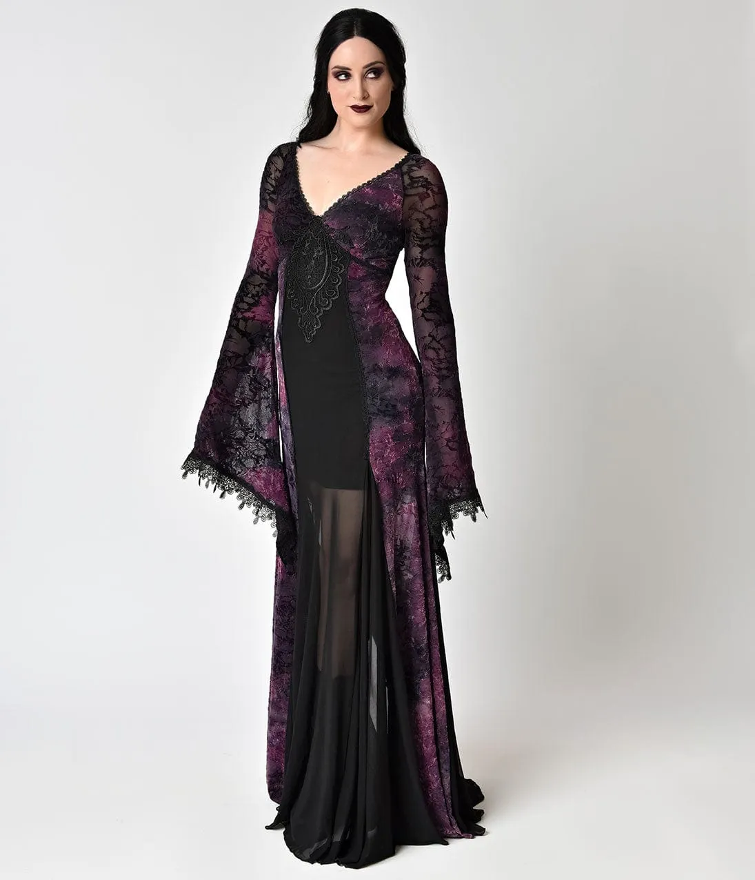 Vintage Style Black Lace & Purple Velvet Long Sleeve Gown sold by Unique Vintage product image thumbnail 3