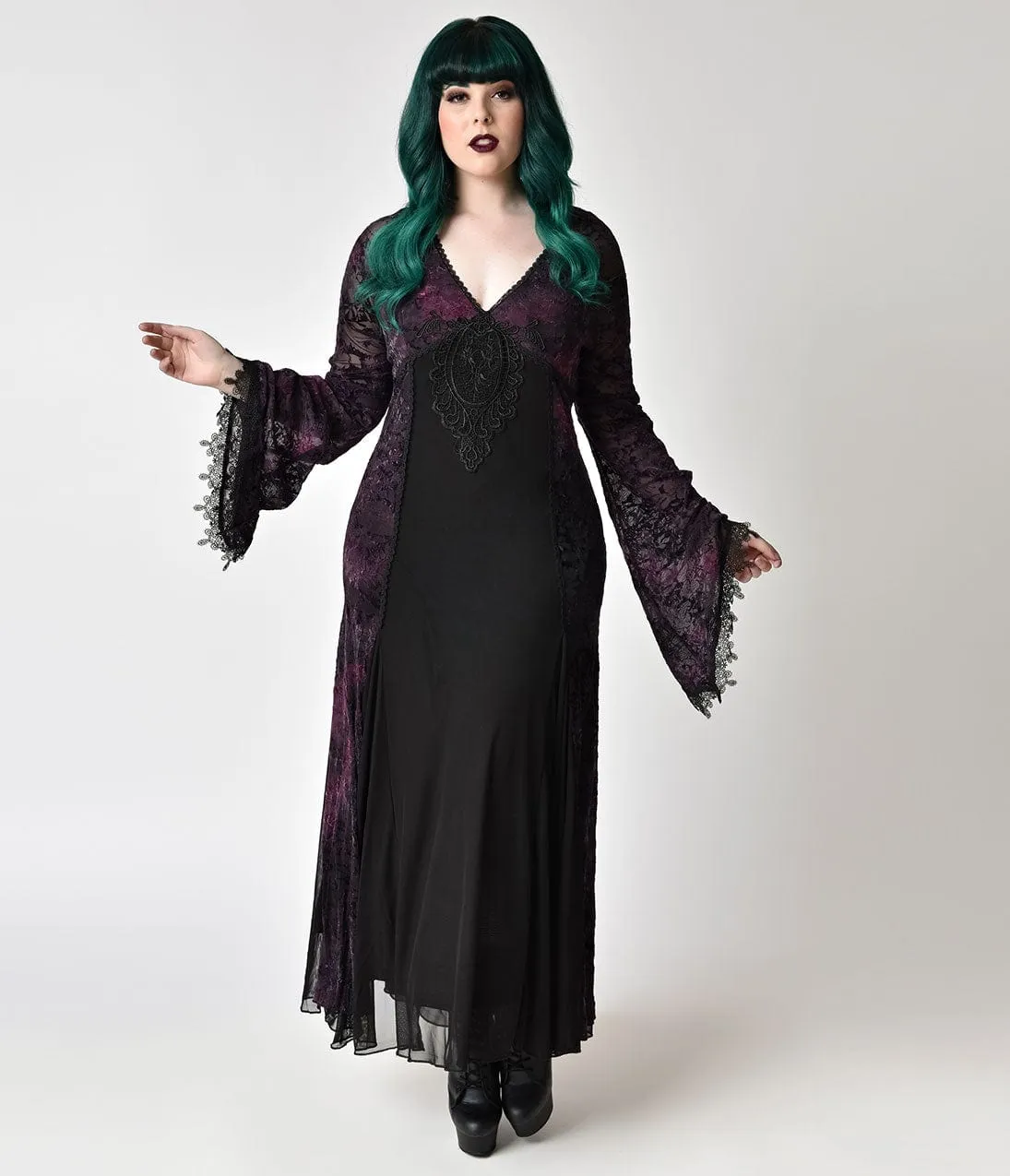 Vintage Style Plus Size Black Lace & Purple Velvet Long Sleeve Gown sold by Unique Vintage product image thumbnail 5