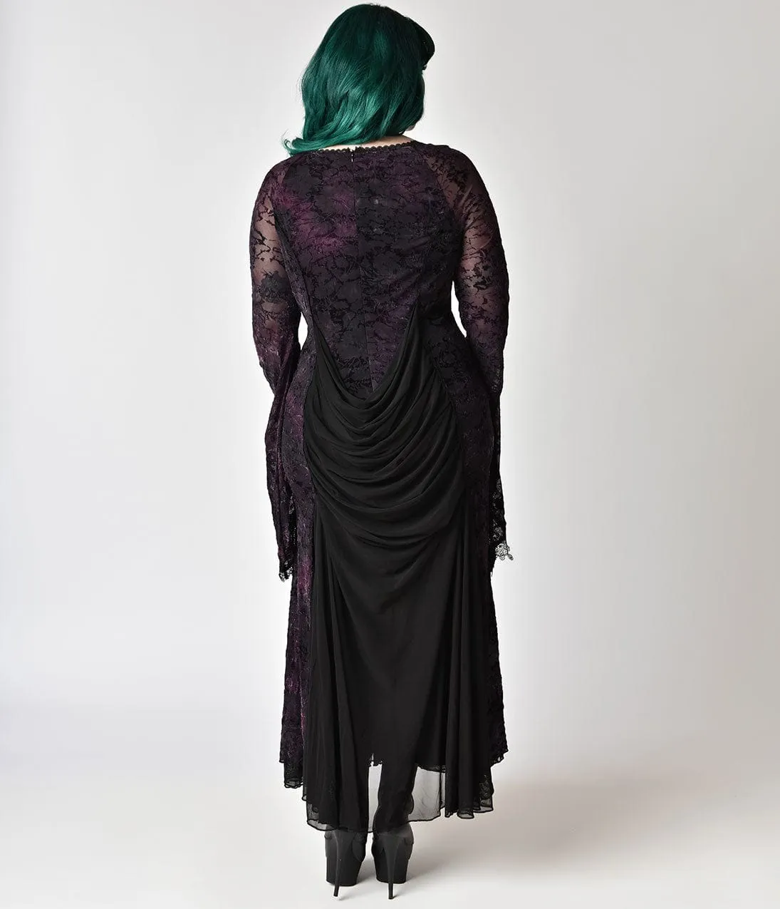 Vintage Style Plus Size Black Lace & Purple Velvet Long Sleeve Gown sold by Unique Vintage product image thumbnail 2