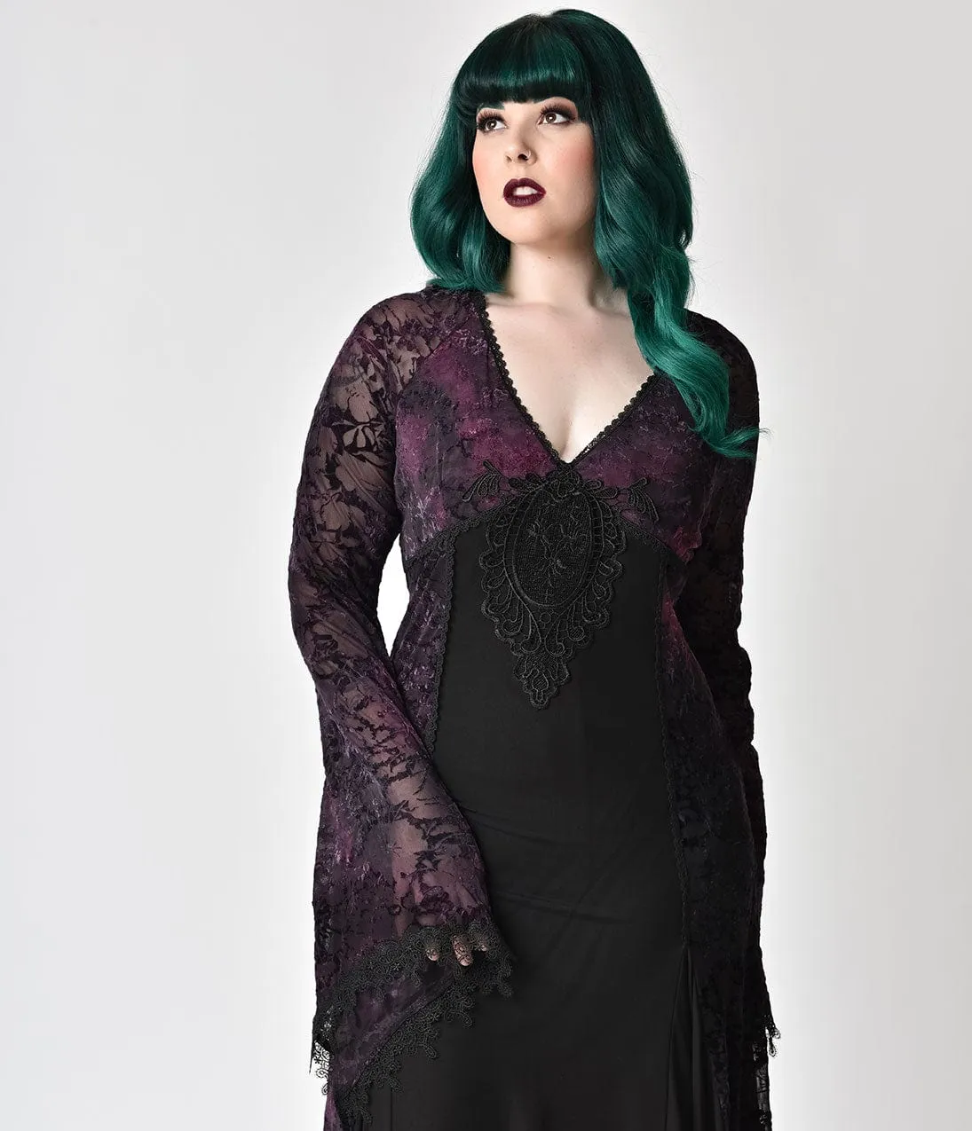 Vintage Style Plus Size Black Lace & Purple Velvet Long Sleeve Gown sold by Unique Vintage product image thumbnail 3