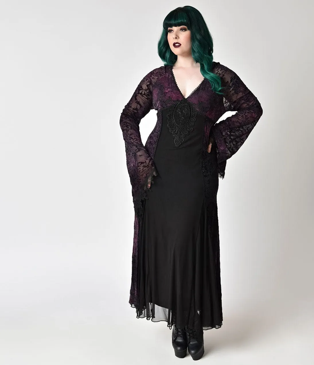 Vintage Style Plus Size Black Lace & Purple Velvet Long Sleeve Gown sold by Unique Vintage product image thumbnail 4