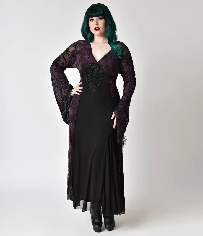 Vintage Style Plus Size Black Lace & Purple Velvet Long Sleeve Gown sold by Unique Vintage