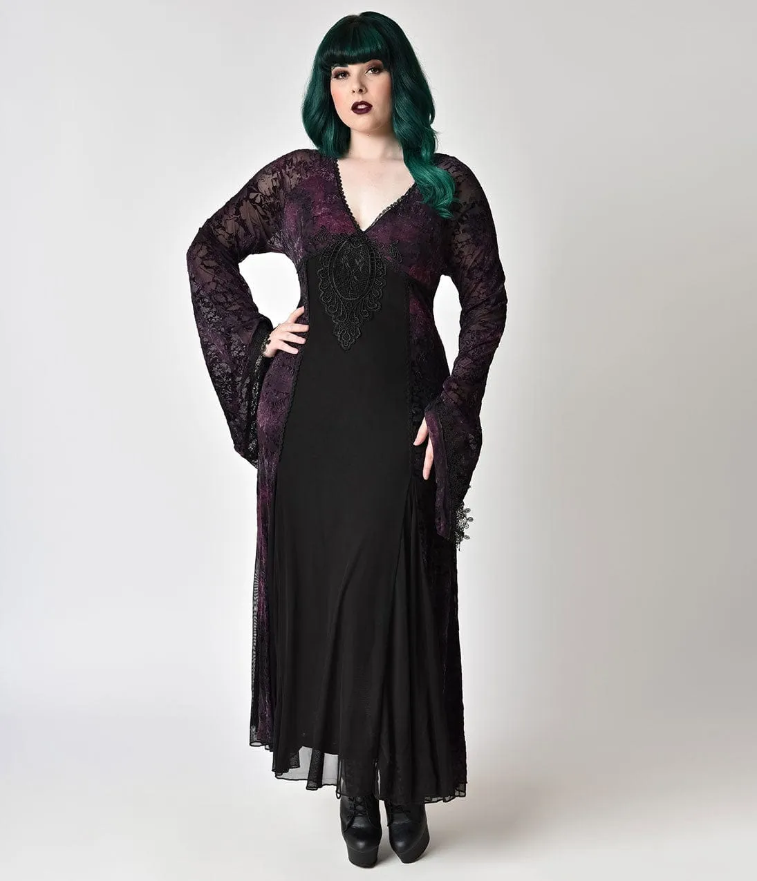 Vintage Style Plus Size Black Lace & Purple Velvet Long Sleeve Gown sold by Unique Vintage