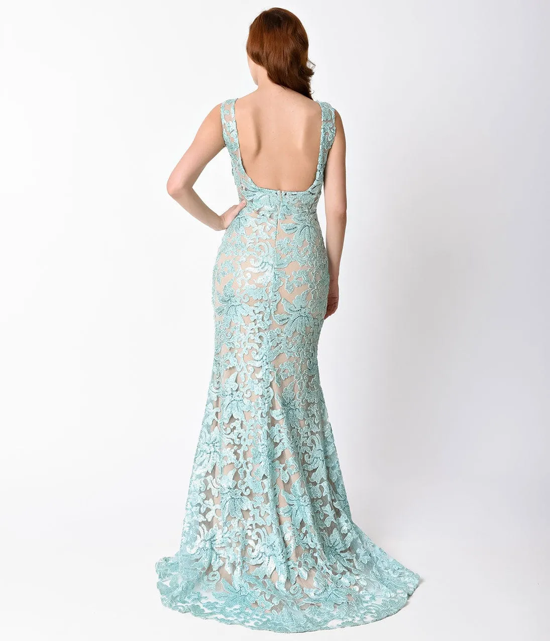 Aqua & Nude Fitted Sequined Long Dress sold by Unique Vintage product image thumbnail 4