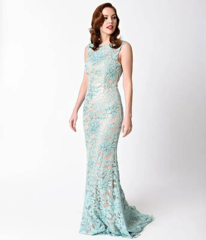 Aqua & Nude Fitted Sequined Long Dress made by Unique Vintage