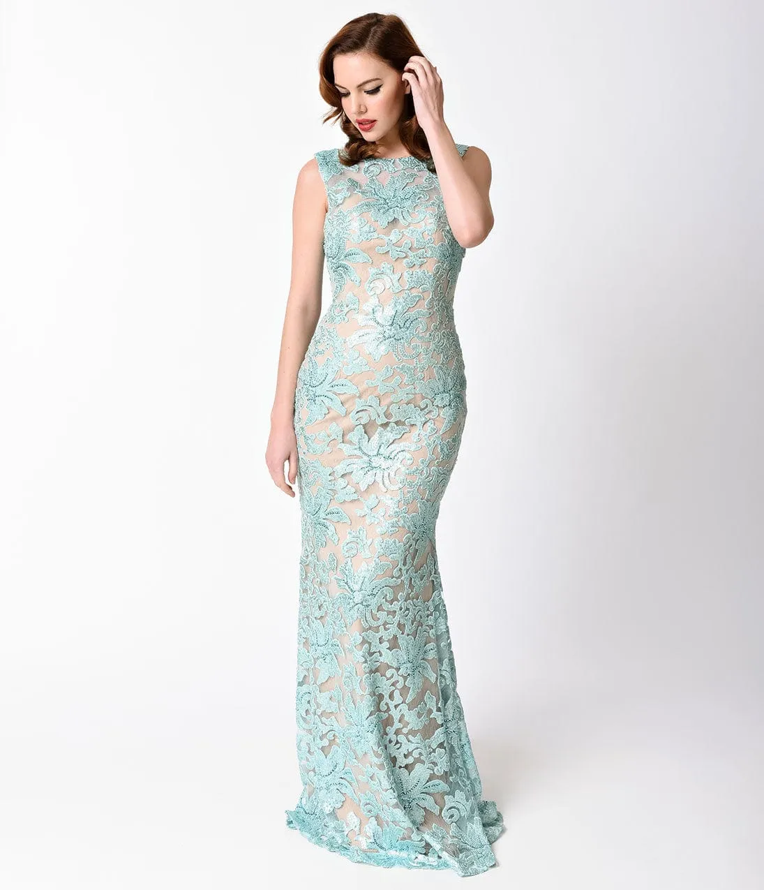 Aqua & Nude Fitted Sequined Long Dress sold by Unique Vintage product image thumbnail 3