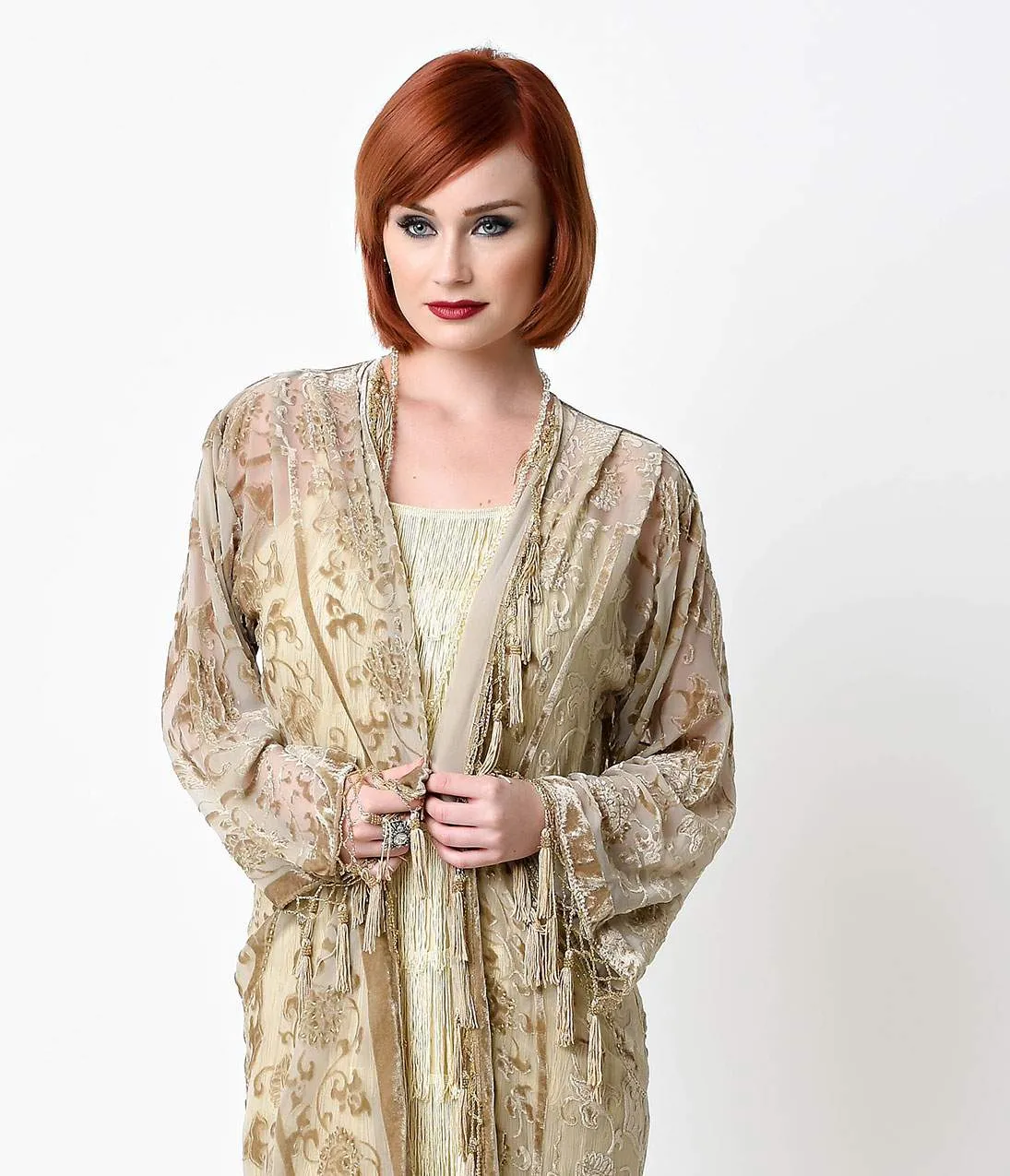 Vintage Style Champagne Medallion Burnout Beaded Scarf Coat sold by Unique Vintage product image thumbnail 4