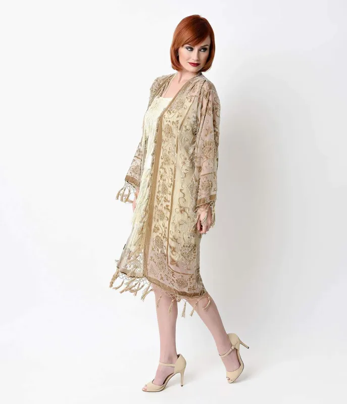 Vintage Style Champagne Medallion Burnout Beaded Scarf Coat sold by Unique Vintage