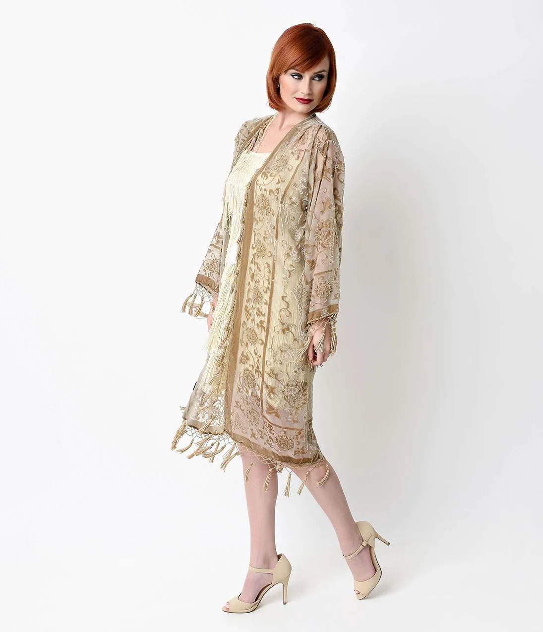 Vintage Style Champagne Medallion Burnout Beaded Scarf Coat sold by Unique Vintage