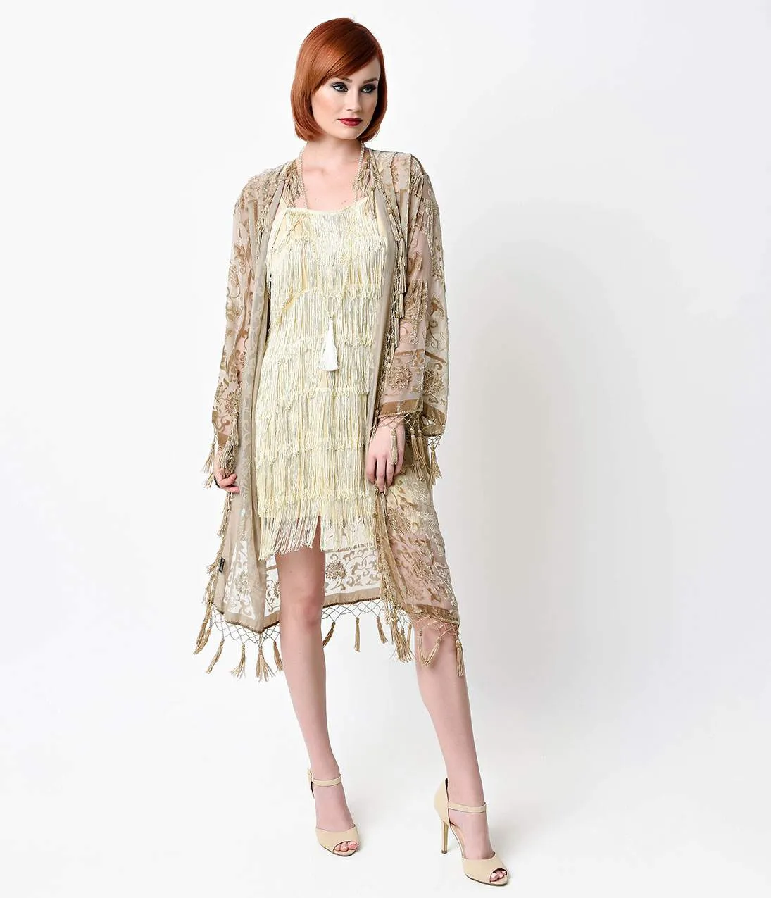 Vintage Style Champagne Medallion Burnout Beaded Scarf Coat sold by Unique Vintage product image thumbnail 5