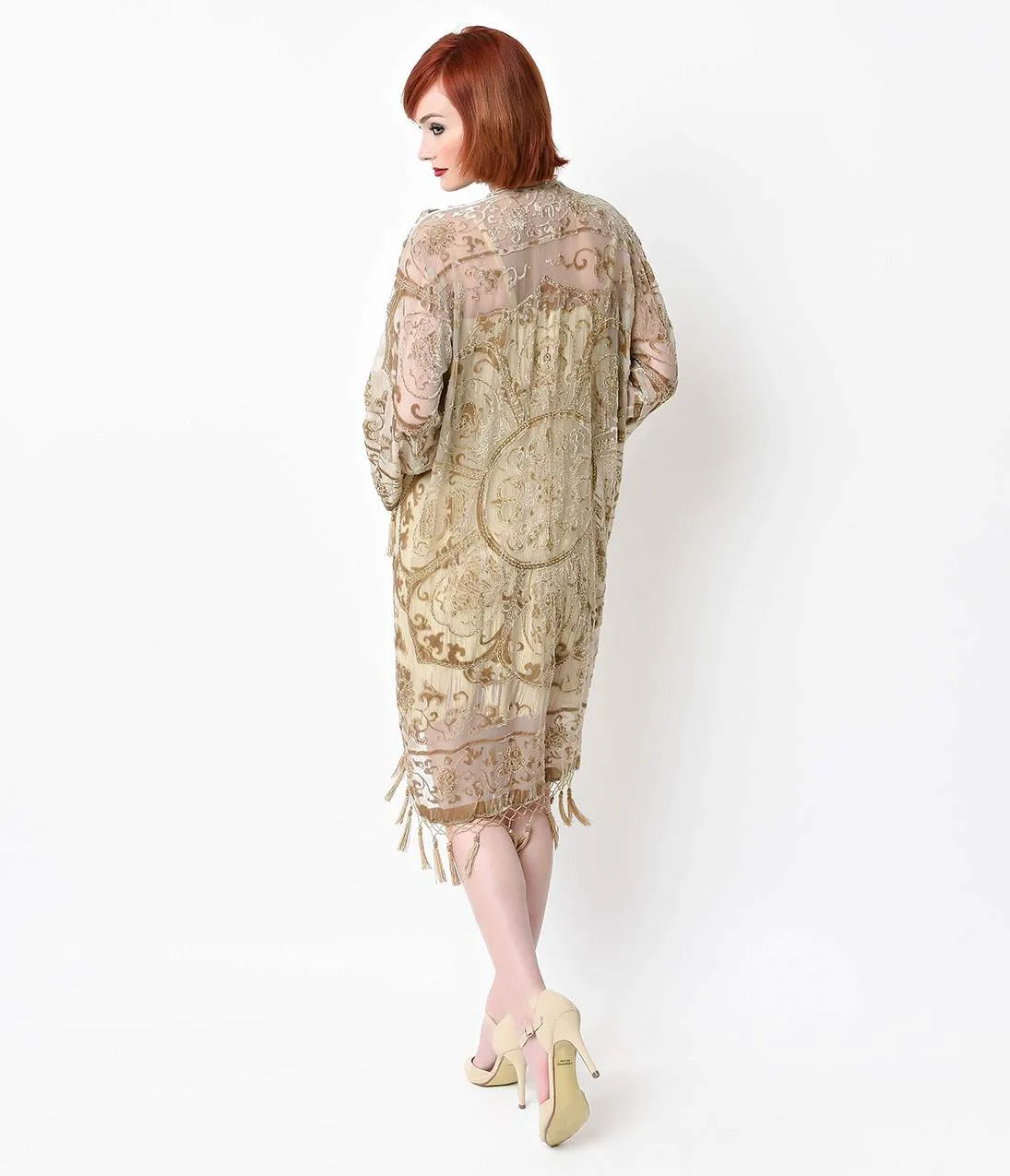 Vintage Style Champagne Medallion Burnout Beaded Scarf Coat sold by Unique Vintage product image thumbnail 2