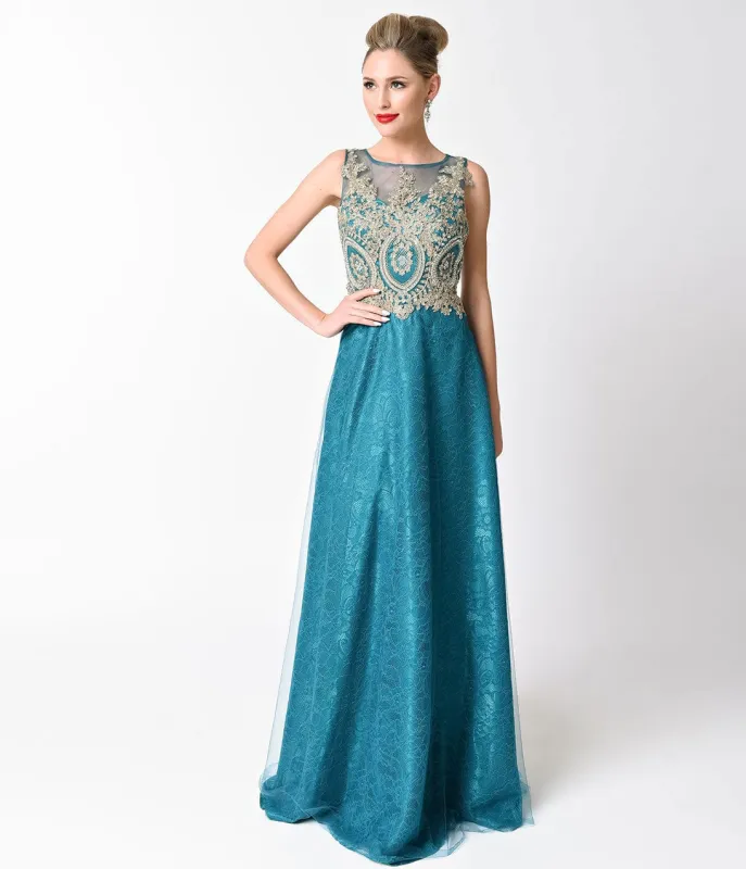 Teal Sleeveless Embellished Tulle Long Dress sold by Unique Vintage