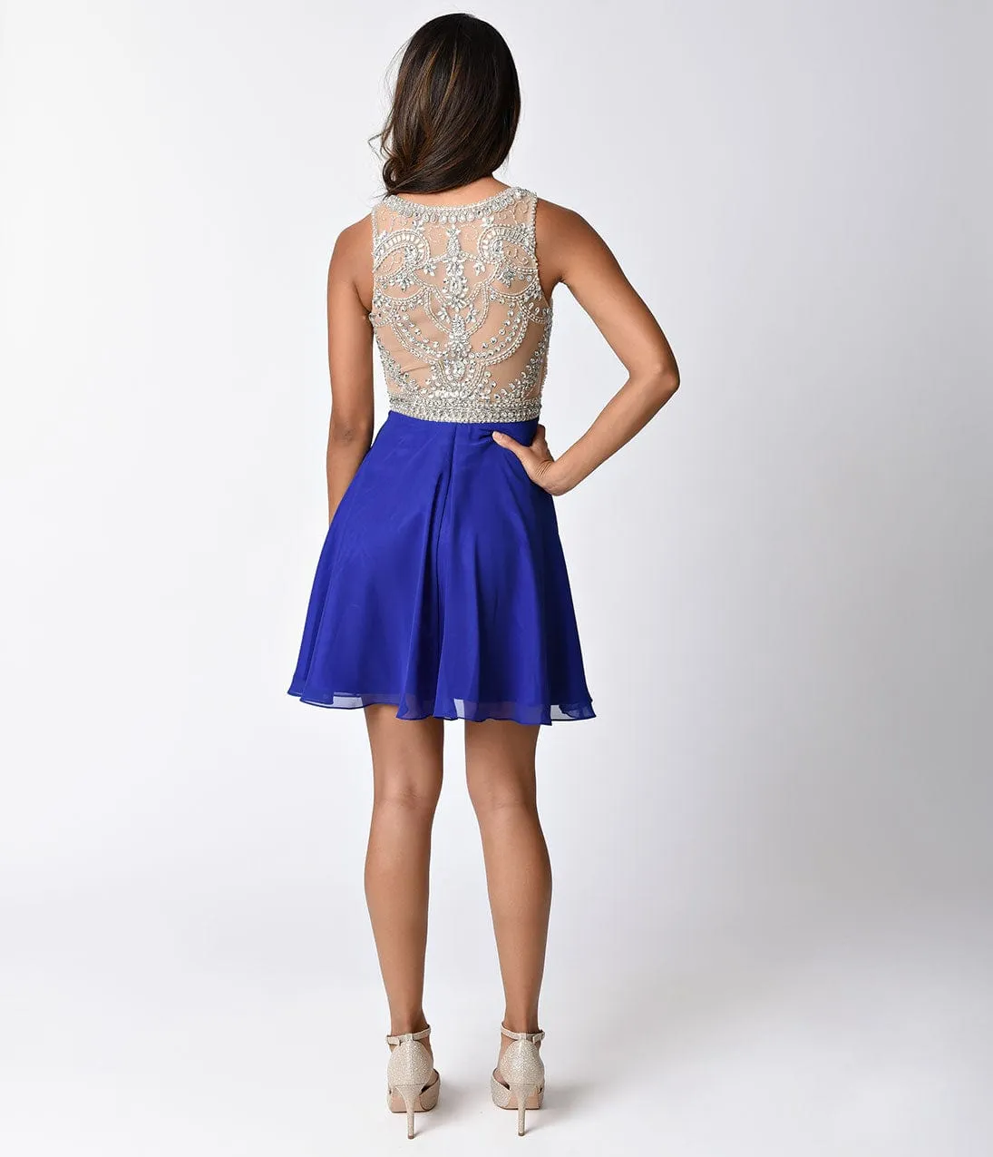Royal Blue & Nude Sheer Embellished Sleeveless Short Dress sold by Unique Vintage product image thumbnail 2