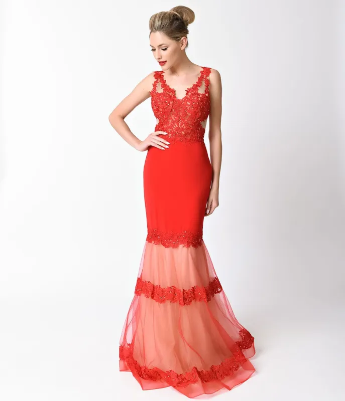 Red Lace Embellished V-Neck Mermaid Long Dress sold by Unique Vintage