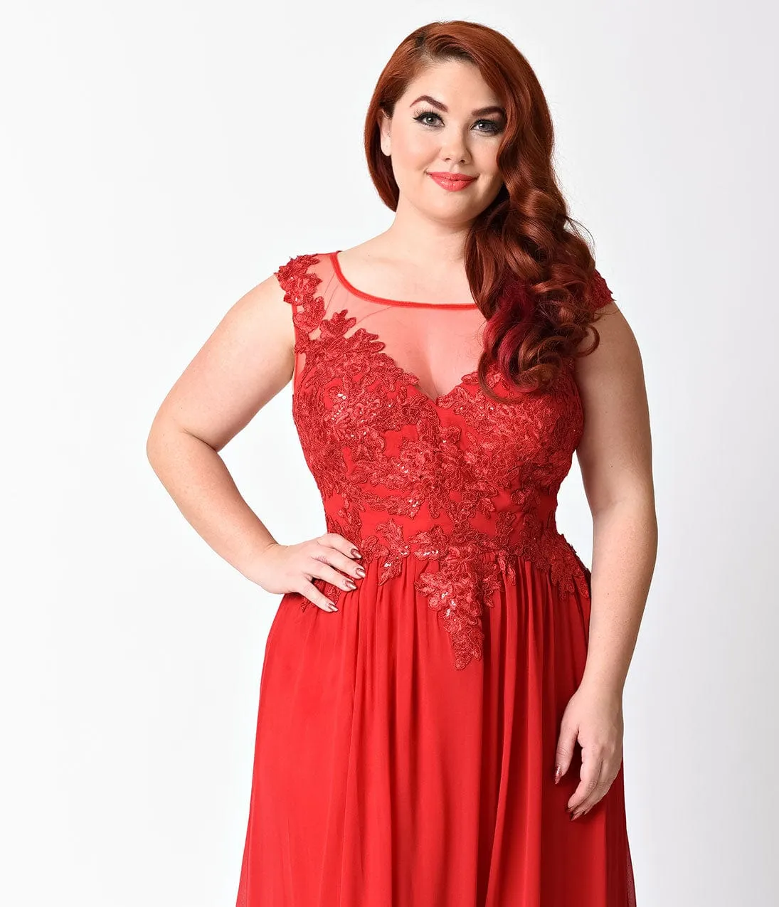 Ladivine by Cinderella Divine Plus Size Red V-Neck Embellished Chiffon Dress sold by Unique Vintage product image thumbnail 2
