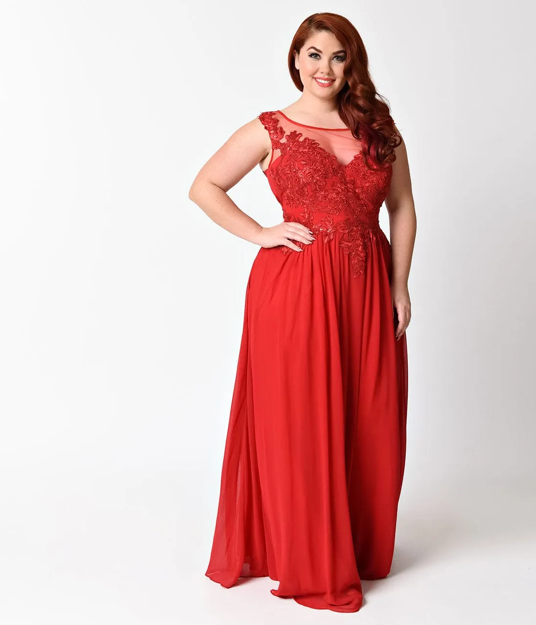 Ladivine by Cinderella Divine Plus Size Red V-Neck Embellished Chiffon Dress sold by Unique Vintage product image thumbnail 3