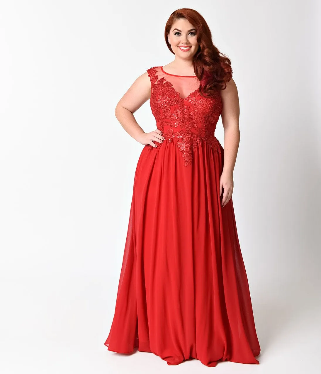 Ladivine by Cinderella Divine Plus Size Red V-Neck Embellished Chiffon Dress sold by Unique Vintage