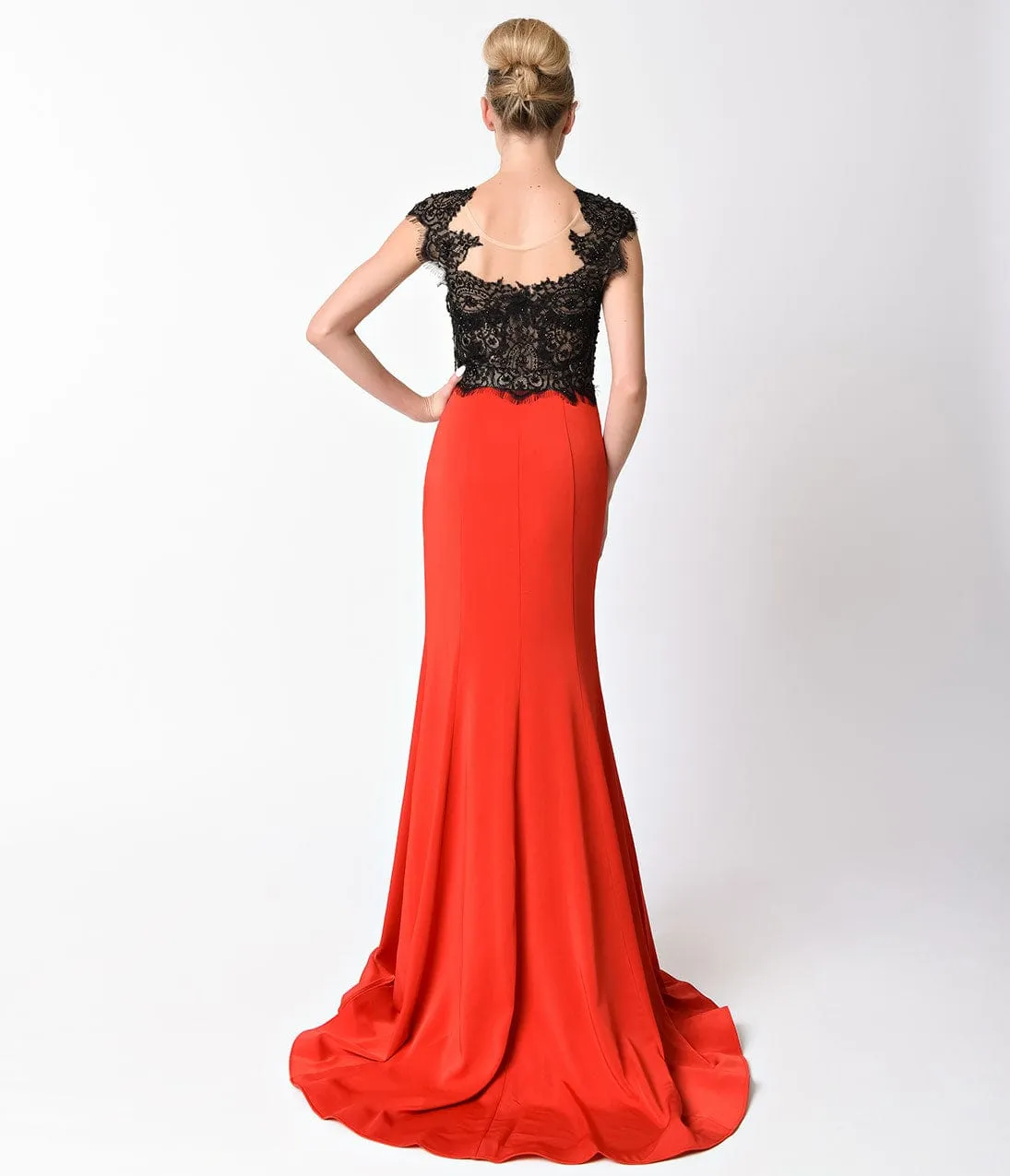 Red & Black Lace Cap Sleeve Long Dress sold by Unique Vintage product image thumbnail 4