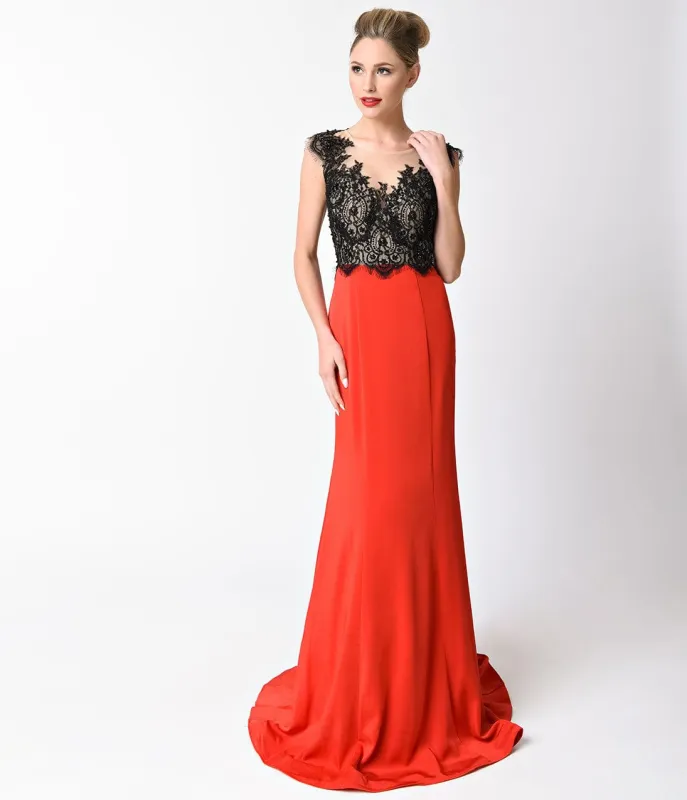 Red & Black Lace Cap Sleeve Long Dress made by Unique Vintage