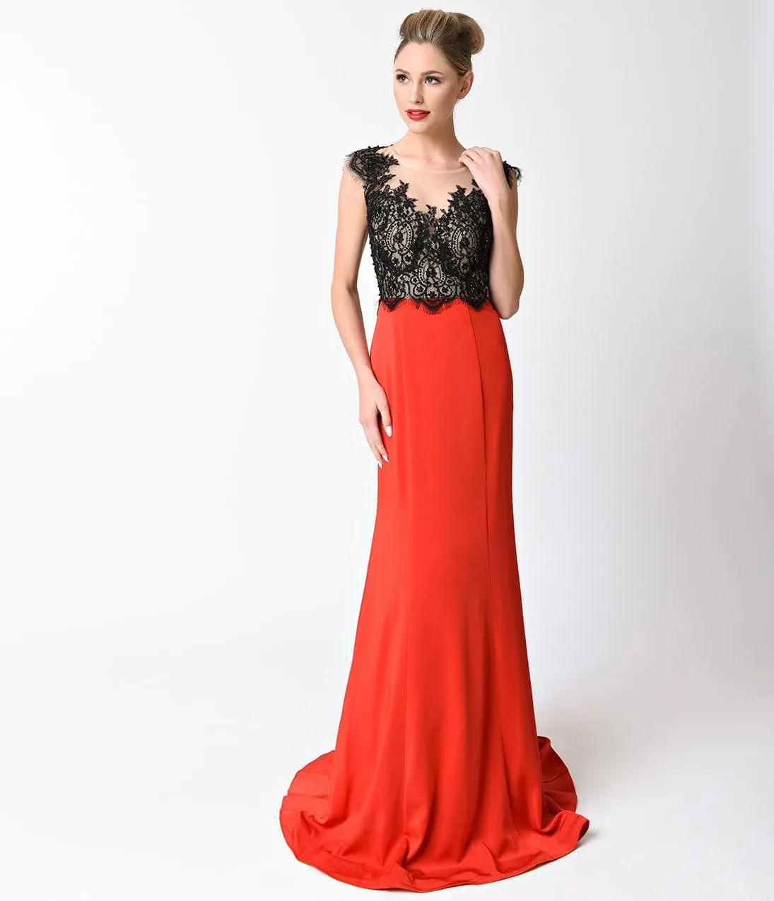 Red & Black Lace Cap Sleeve Long Dress sold by Unique Vintage