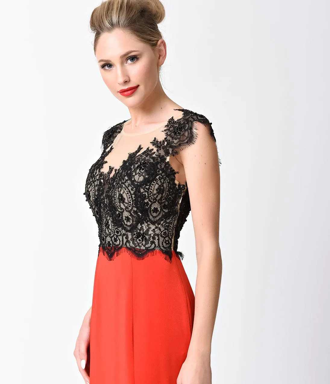 Red & Black Lace Cap Sleeve Long Dress sold by Unique Vintage product image thumbnail 2