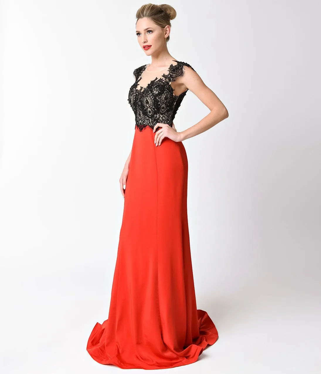 Red & Black Lace Cap Sleeve Long Dress sold by Unique Vintage product image thumbnail 3
