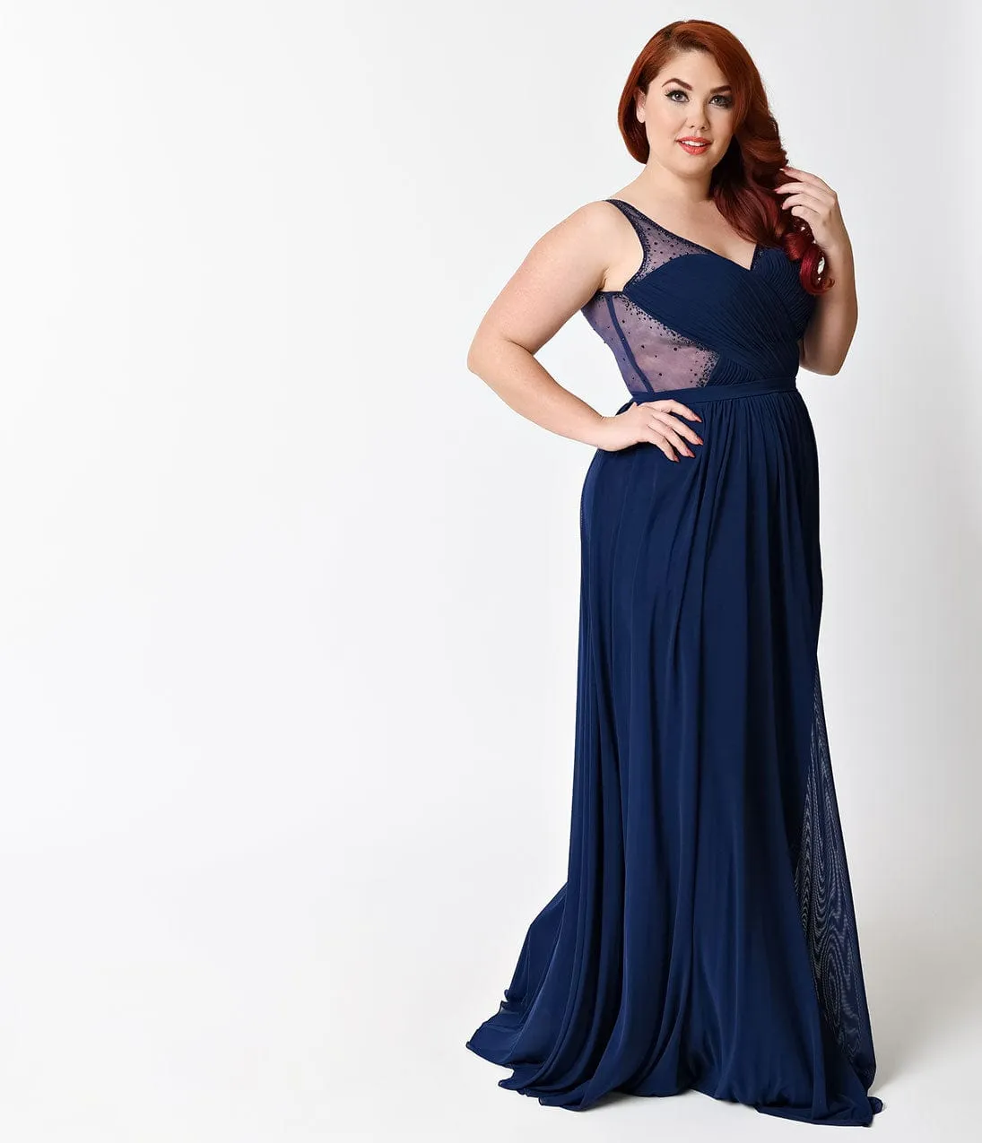 Ladivine by Cinderella Divine Plus Size Navy Blue Sexy Embellished Chiffon Dress sold by Unique Vintage product image thumbnail 3