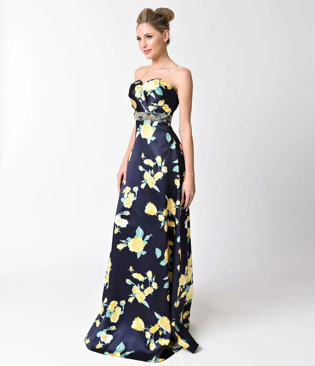 Navy Yellow Floral Strapless Sweetheart Gown sold by Unique Vintage product image thumbnail 4