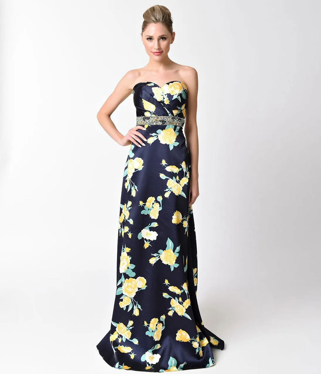 Navy Yellow Floral Strapless Sweetheart Gown sold by Unique Vintage