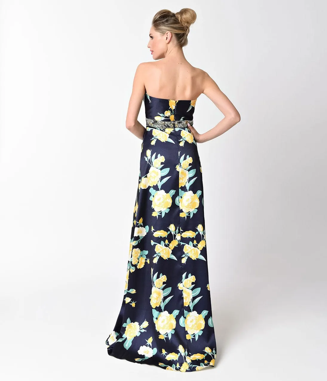 Navy Yellow Floral Strapless Sweetheart Gown sold by Unique Vintage product image thumbnail 2