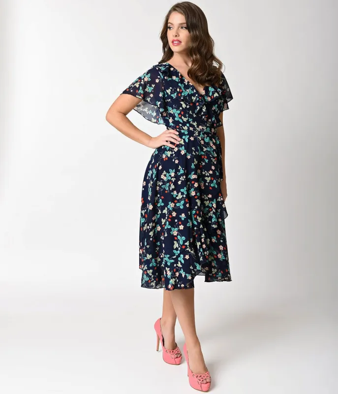 Unique Vintage 1940s Navy Blue Strawberry Floral Dotty Wrap Dress sold by Unique Vintage