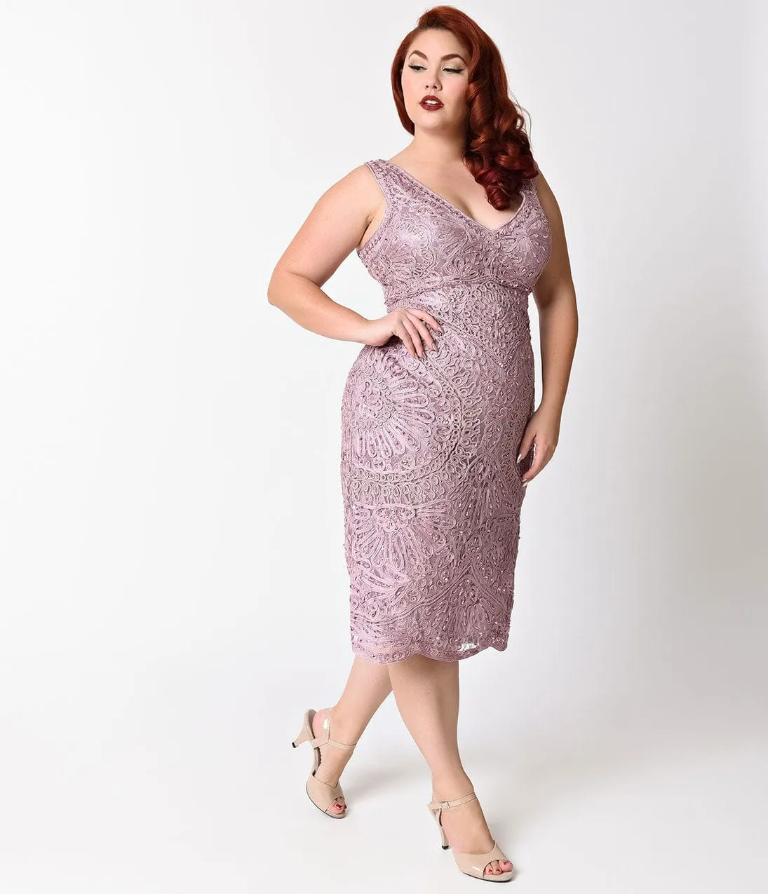 Plus Size Mauve Midi Lace Embellished Dress sold by Unique Vintage