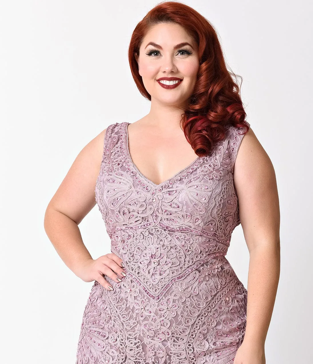 Plus Size Mauve Midi Lace Embellished Dress sold by Unique Vintage product image thumbnail 2