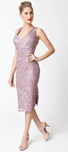 Mauve Midi Lace V Neck Embellished Dress sold by Unique Vintage product image thumbnail 3