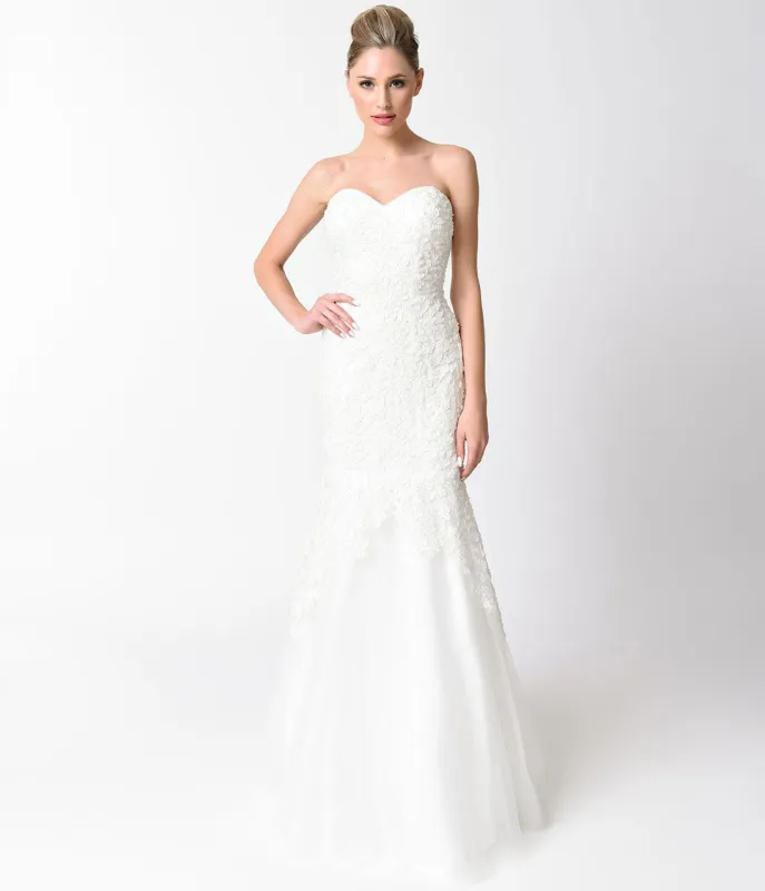 Ivory Beaded Strapless Sweetheart Mermaid Gown sold by Unique Vintage