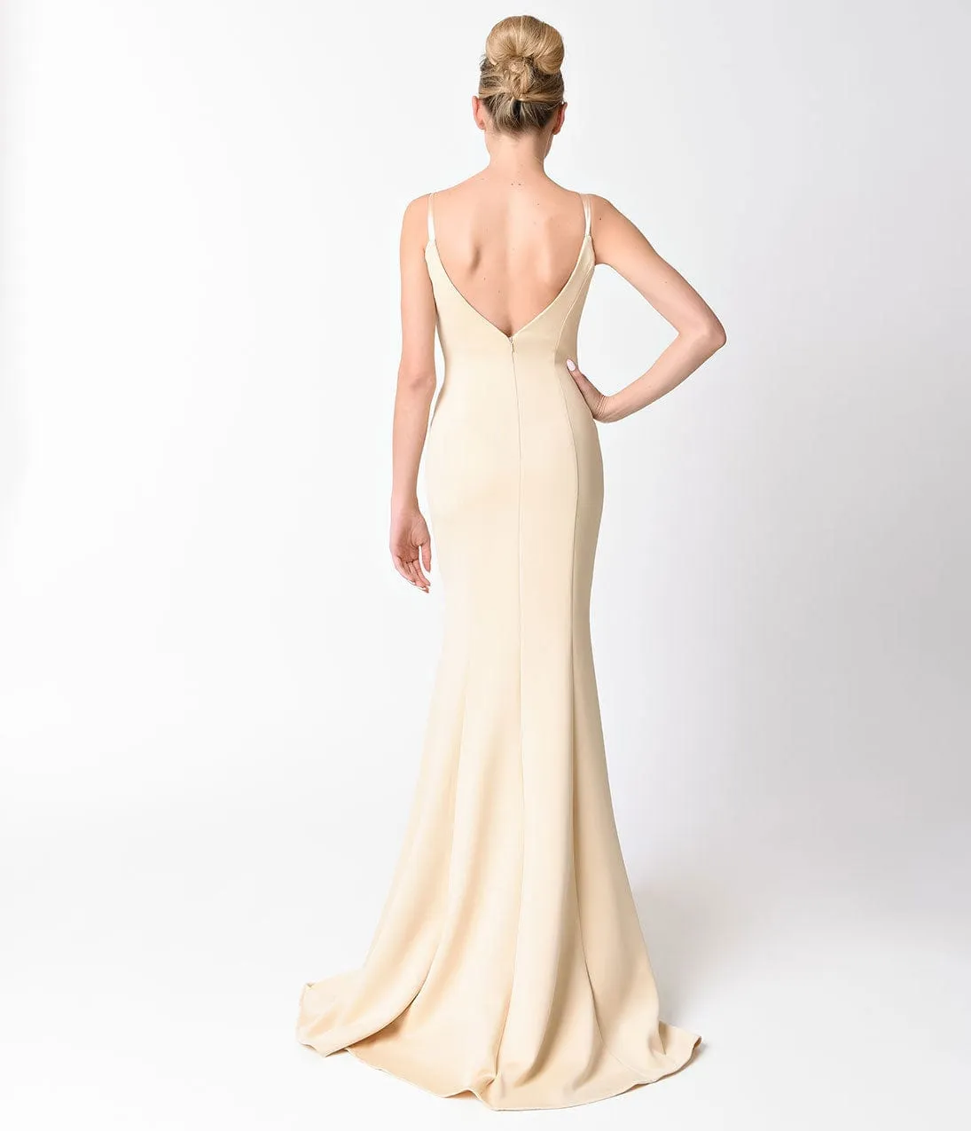 Smooth Champagne Spaghetti Strap V-Neck Gown sold by Unique Vintage product image thumbnail 4