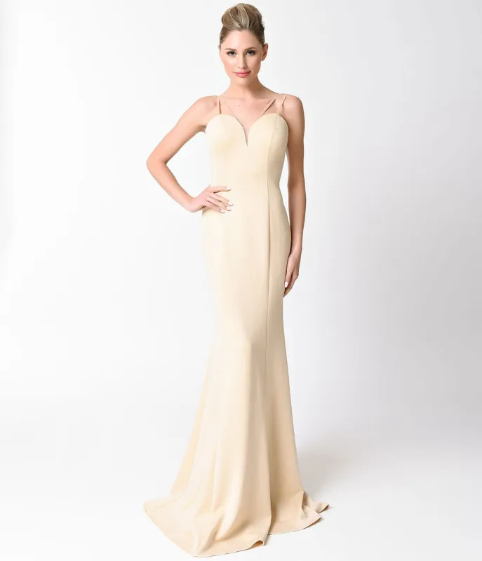 Smooth Champagne Spaghetti Strap V-Neck Gown made by Unique Vintage