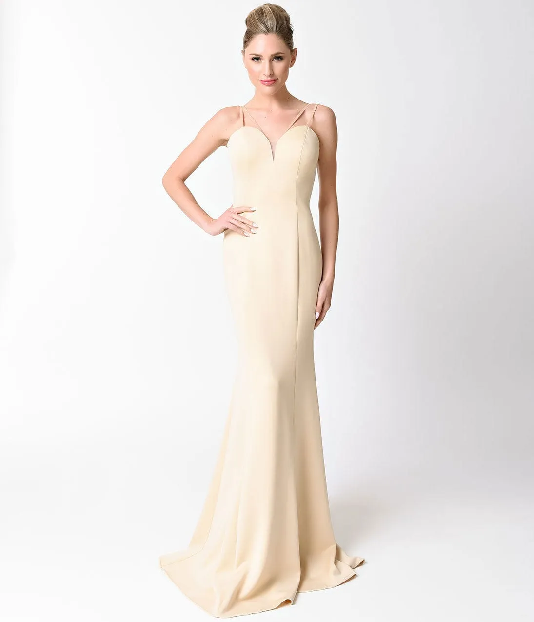Smooth Champagne Spaghetti Strap V-Neck Gown sold by Unique Vintage