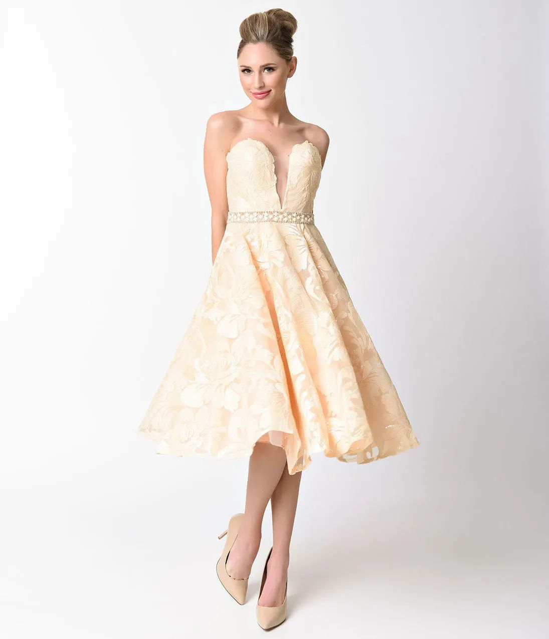 Champagne Strapless Sweetheart Sequined Short Dress sold by Unique Vintage